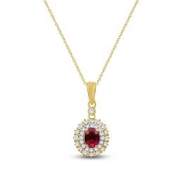 Oval-Cut Natural Ruby & Diamond Halo Necklace 1/5 ct tw 10K Yellow Gold 18"