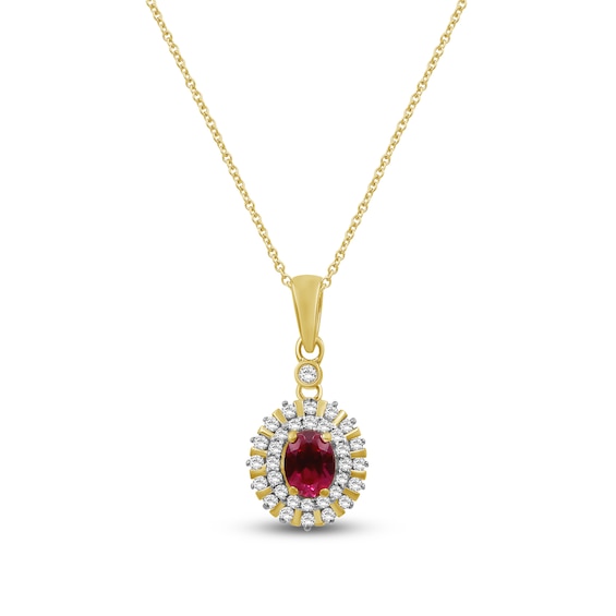 Oval-Cut Natural Ruby & Diamond Halo Necklace 1/5 ct tw 10K Yellow Gold 18"