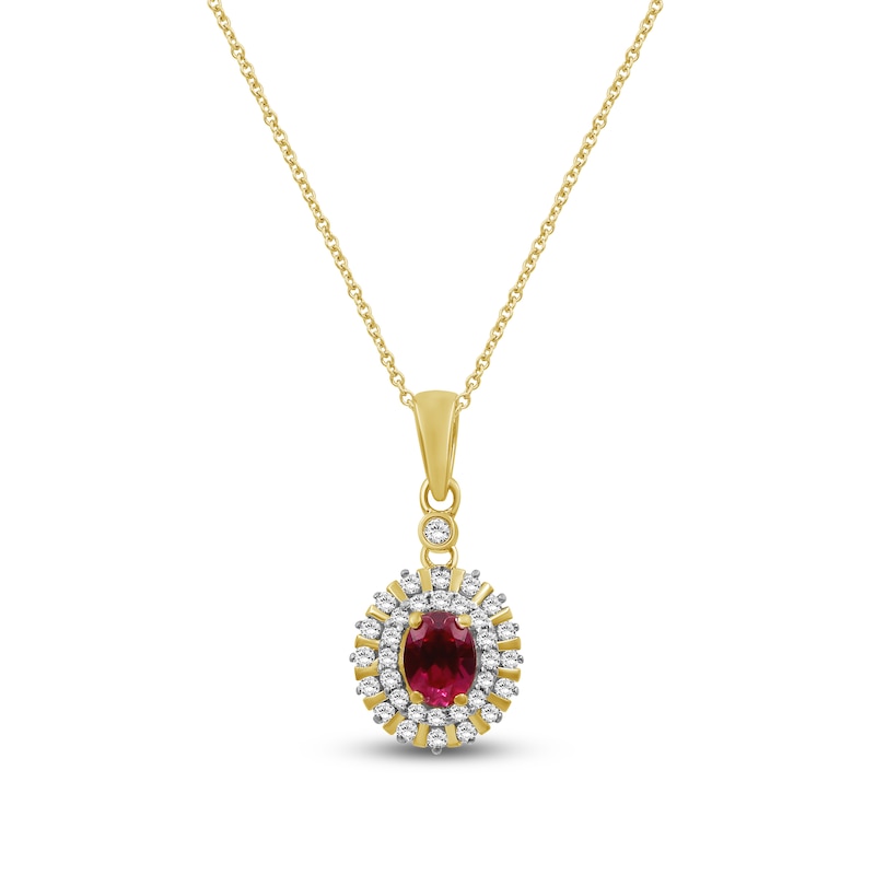 Main Image 1 of Oval-Cut Natural Ruby & Diamond Halo Necklace 1/5 ct tw 10K Yellow Gold 18"