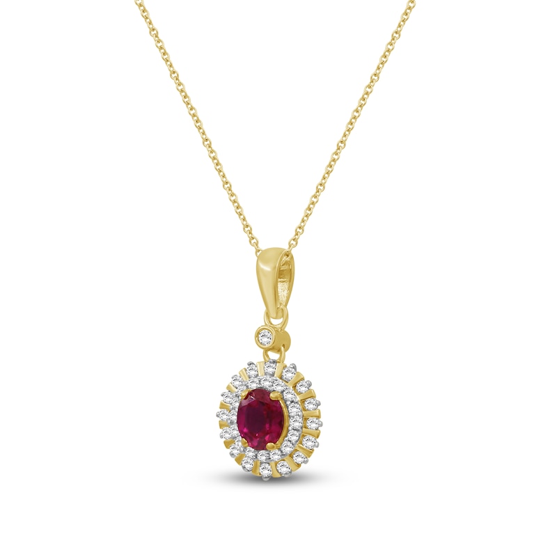 Main Image 2 of Oval-Cut Natural Ruby & Diamond Halo Necklace 1/5 ct tw 10K Yellow Gold 18"