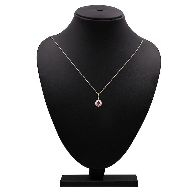 Main Image 4 of Oval-Cut Natural Ruby & Diamond Halo Necklace 1/5 ct tw 10K Yellow Gold 18"