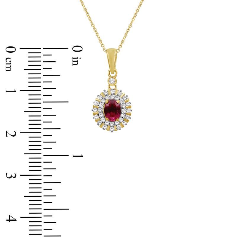 Main Image 5 of Oval-Cut Natural Ruby & Diamond Halo Necklace 1/5 ct tw 10K Yellow Gold 18"