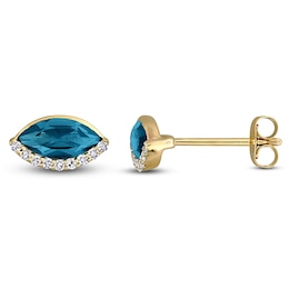 Marquise-Cut Natural London Blue Topaz & Diamond Stud Earrings 1/10 ct tw 14K Yellow Gold