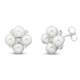 Cultured Pearl & White Lab-Created Sapphire Cluster Stud Earrings Sterling Silver
