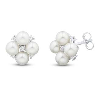 Cultured Pearl & White Lab-Created Sapphire Cluster Stud Earrings Sterling Silver