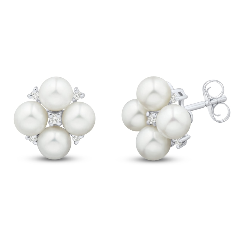 Main Image 1 of Cultured Pearl & White Lab-Created Sapphire Cluster Stud Earrings Sterling Silver