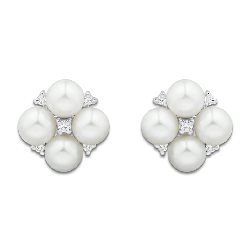Main Image 2 of Cultured Pearl & White Lab-Created Sapphire Cluster Stud Earrings Sterling Silver
