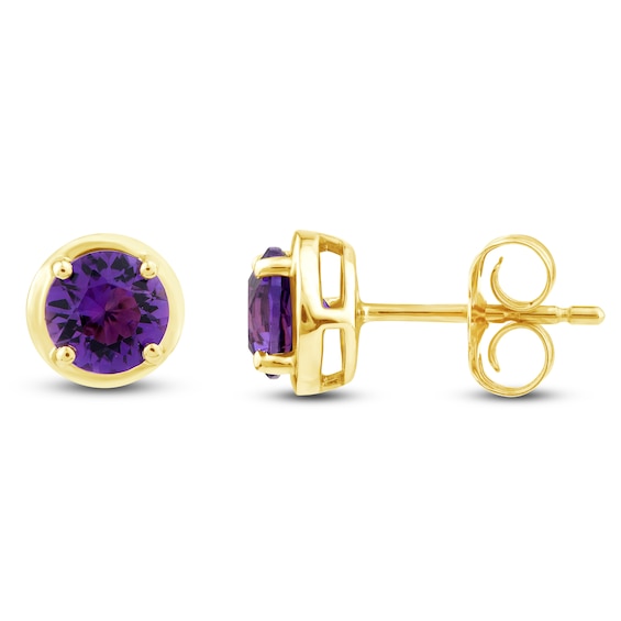 Natural Amethyst Solitaire Stud Earrings 10K Yellow Gold