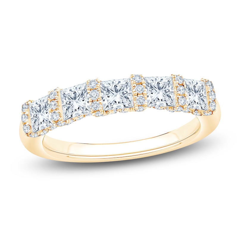 Main Image 1 of Certified Princess & Round-Cut Diamond Scalloped-Edge Anniversary Ring 1-1/2 ct tw 14K Yellow Gold