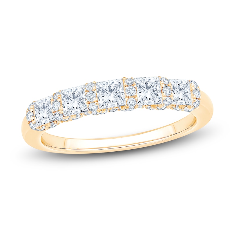 Main Image 1 of Certified Princess & Round-Cut Diamond Scalloped-Edge Anniversary Ring 1 ct tw 14K Yellow Gold