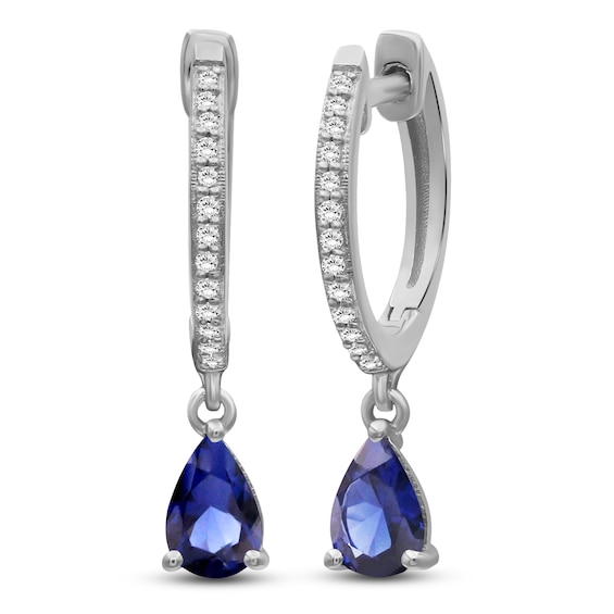 Pear-Shaped Natural Blue Sapphire & Diamond Drop Earrings 1/10 ct tw 10K White Gold
