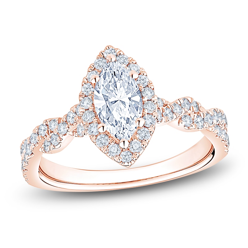 Main Image 1 of Certified Marquise-Cut Diamond Halo Engagement Ring 1-1/6 ct tw 14K Rose Gold