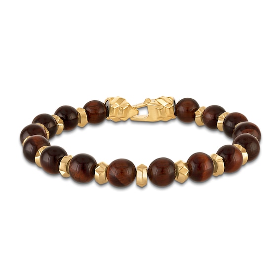 1933 by Esquire Men's Natural Tiger's Eye Bead Bracelet 14K Yellow Gold-Plated Sterling Silver 8.75"