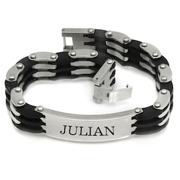 Men's Engravable Rubber and Titanium Link ID Bracelet (3 Lines)