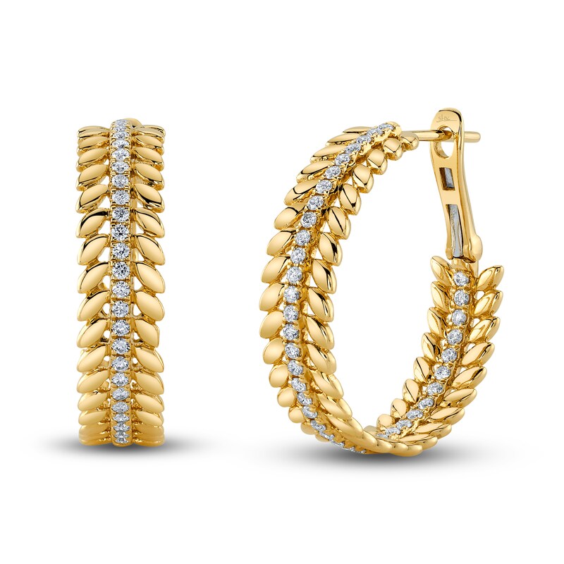 Shy Creation Diamond Leaf Hoop Earrings 5/8 ct tw Round 14K Yellow Gold SC55023673D1.00