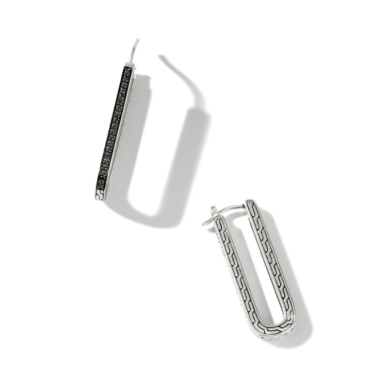 John Hardy Natural Black Sapphire & Natural Black Spinel Classic Chain Oval Hoop Earrings Sterling Silver