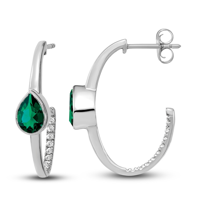 Natural Emerald Hoop Earrings 1/5 ct tw Diamonds 14K White Gold