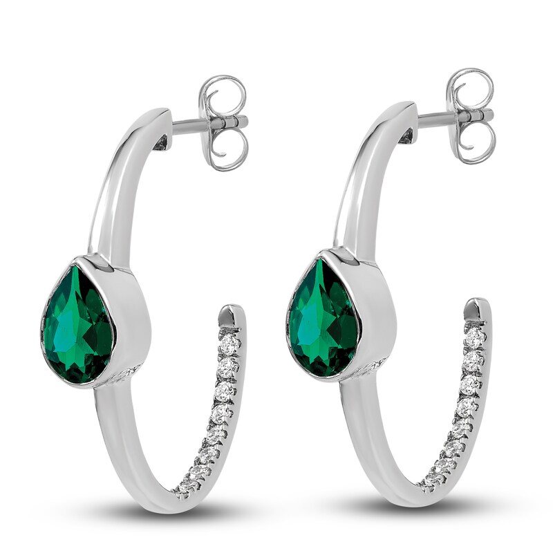 Natural Emerald Hoop Earrings 1/5 ct tw Diamonds 14K White Gold