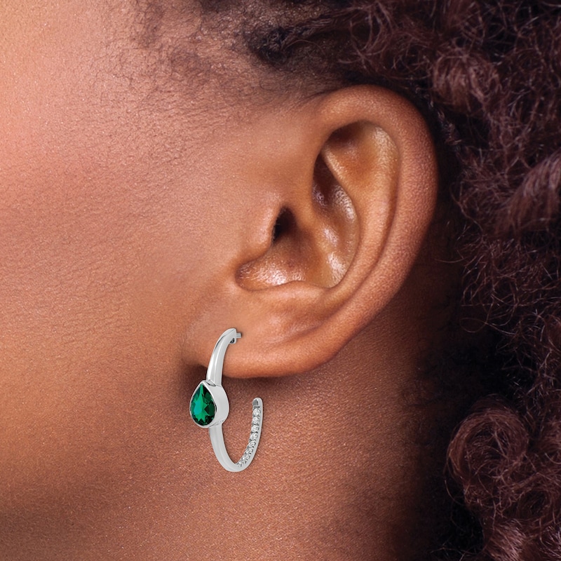 Natural Emerald Hoop Earrings 1/5 ct tw Diamonds 14K White Gold