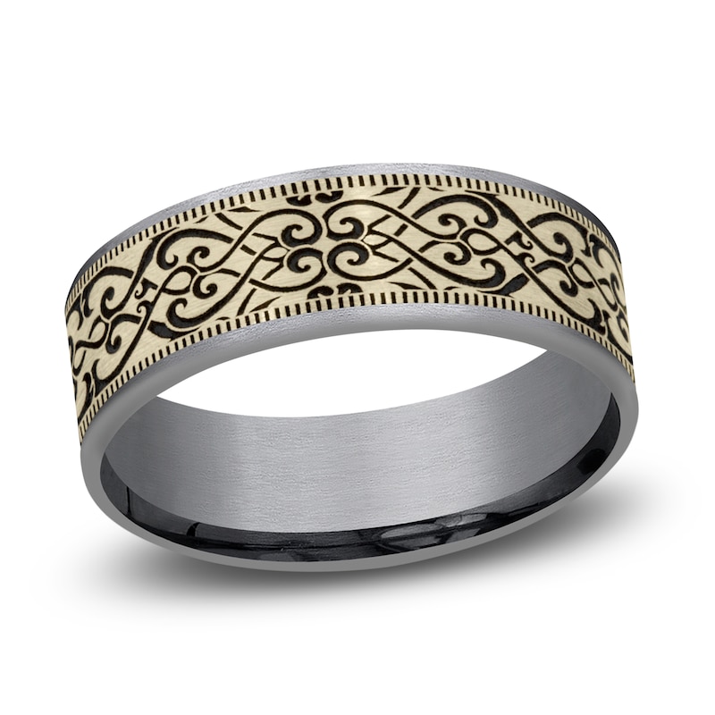 Main Image 1 of Men's Scroll Print Wedding Band Tantalum/14K Yellow Gold 7.5mm