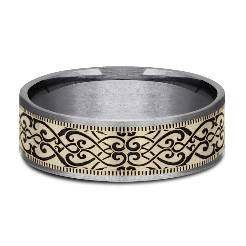 Main Image 3 of Men's Scroll Print Wedding Band Tantalum/14K Yellow Gold 7.5mm