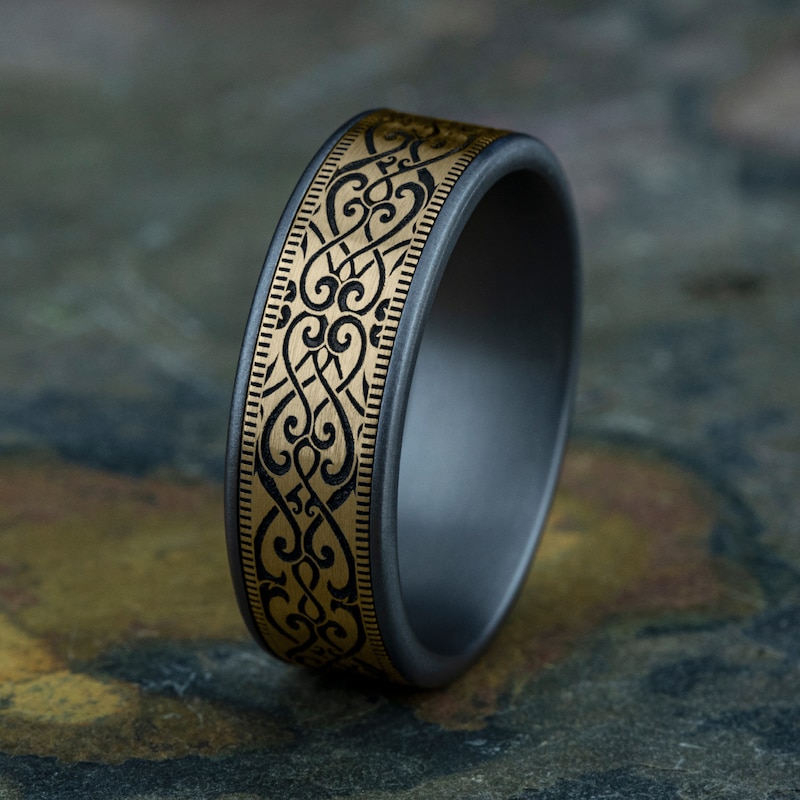 Main Image 4 of Men's Scroll Print Wedding Band Tantalum/14K Yellow Gold 7.5mm