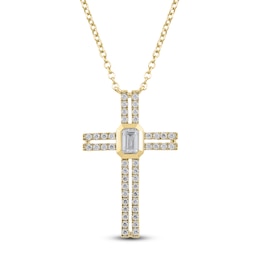 Emerald-Cut Diamond Bezel Cross Necklace 1/3 ct tw 10K Yellow Gold 18"