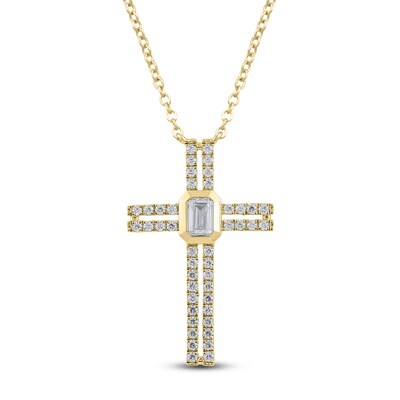 Emerald-Cut Diamond Bezel Cross Necklace 1/3 ct tw 10K Yellow Gold 