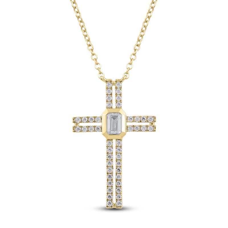 Main Image 1 of Emerald-Cut Diamond Bezel Cross Necklace 1/3 ct tw 10K Yellow Gold 18"