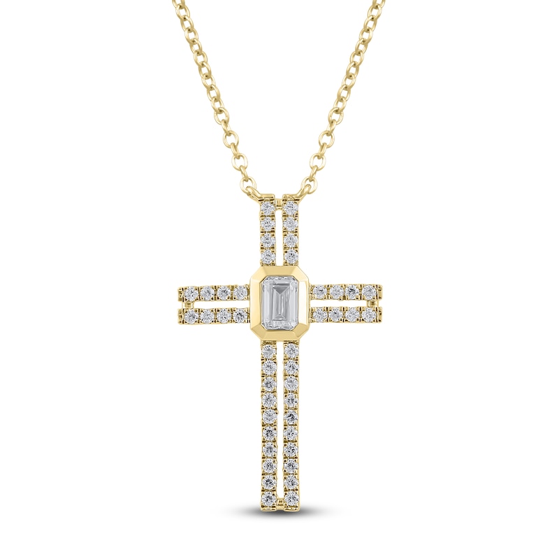 Emerald-Cut Diamond Bezel Cross Necklace 1/3 ct tw 10K Yellow Gold 18"