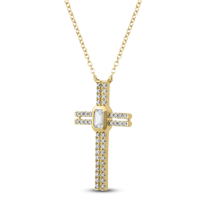 Main Image 2 of Emerald-Cut Diamond Bezel Cross Necklace 1/3 ct tw 10K Yellow Gold 18"