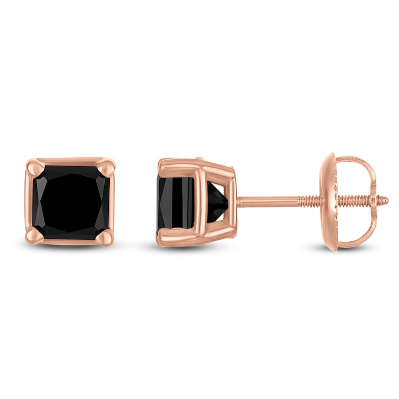 Main Image 1 of Princess-Cut Black Diamond Solitaire Stud Earrings 1/2 ct tw 14K Rose Gold