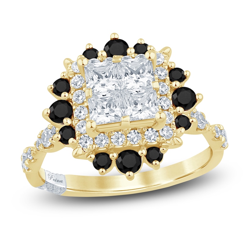 Main Image 1 of Pnina Tornai Princess-Cut Quad White Diamond & Black Diamond Halo Engagement Ring 1-3/4 ct tw 14K Yellow Gold