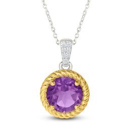 Natural Amethyst & White Lab-Created Sapphire Rope Twist Necklace Sterling Silver & 10K Yellow Gold 18"