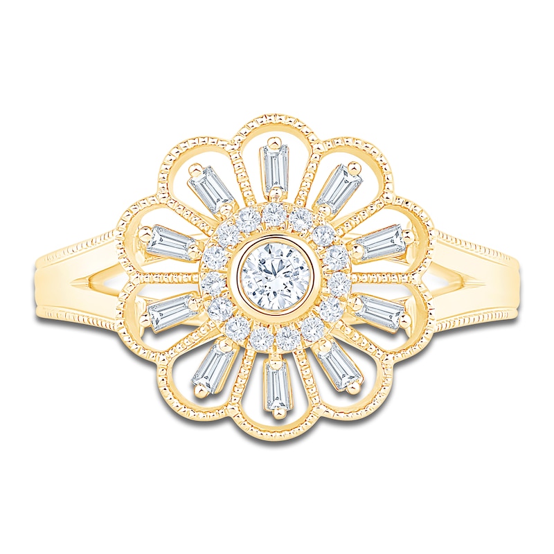 Main Image 3 of Vintage-Inspired Baguette & Round-Cut Diamond Flower Ring 1/4 ct tw 14K Yellow Gold