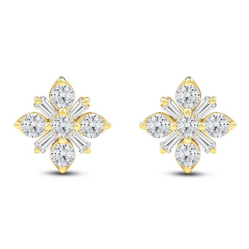 Main Image 1 of Baguette & Round-Cut Lab-Grown Diamond Snowflake Stud Earrings 1 ct tw 14K Yellow Gold