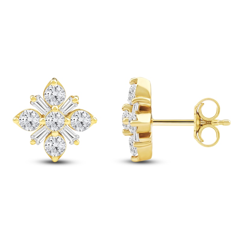 Main Image 2 of Baguette & Round-Cut Lab-Grown Diamond Snowflake Stud Earrings 1 ct tw 14K Yellow Gold