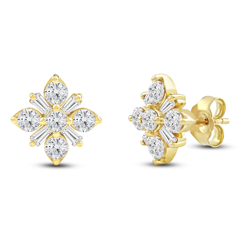 Main Image 3 of Baguette & Round-Cut Lab-Grown Diamond Snowflake Stud Earrings 1 ct tw 14K Yellow Gold