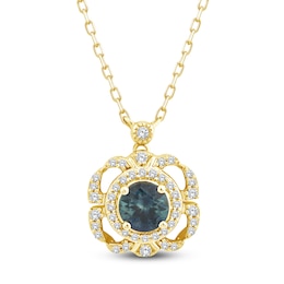 Montana Blue Natural Sapphire & Diamond Flower Frame Necklace 1/8 ct tw 14K Yellow Gold 18"