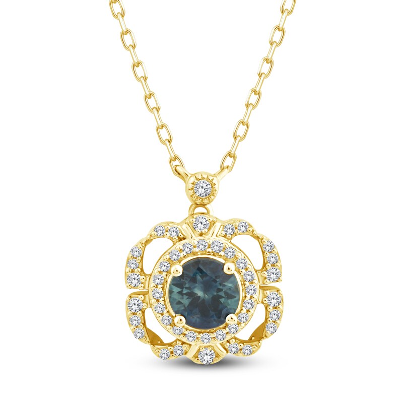 Main Image 1 of Montana Blue Natural Sapphire & Diamond Flower Frame Necklace 1/8 ct tw 14K Yellow Gold 18"