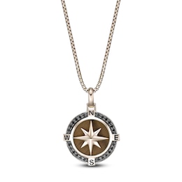 Men's Natural Tiger's Eye & Black Diamond Compass Necklace 1/3 ct tw 14K Yellow Gold-Plated Sterling Silver 24"