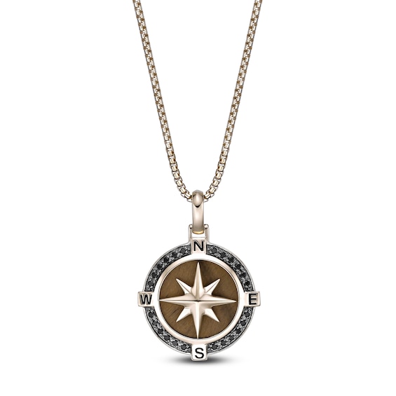 Men's Natural Tiger's Eye & Black Diamond Compass Necklace 1/3 ct tw 14K Yellow Gold-Plated Sterling Silver 24"