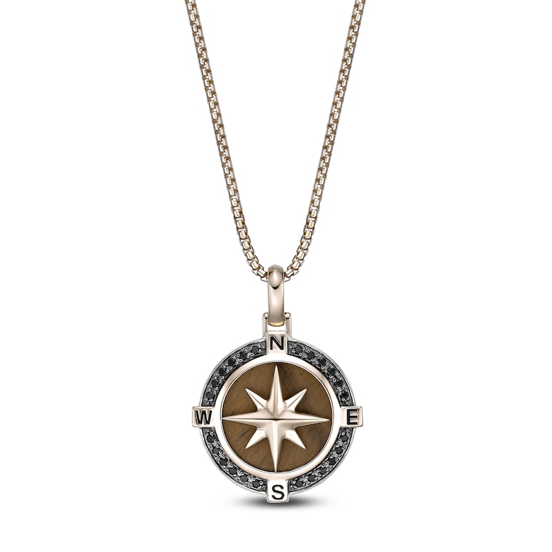 Main Image 1 of Men's Natural Tiger's Eye & Black Diamond Compass Necklace 1/3 ct tw 14K Yellow Gold-Plated Sterling Silver 24"