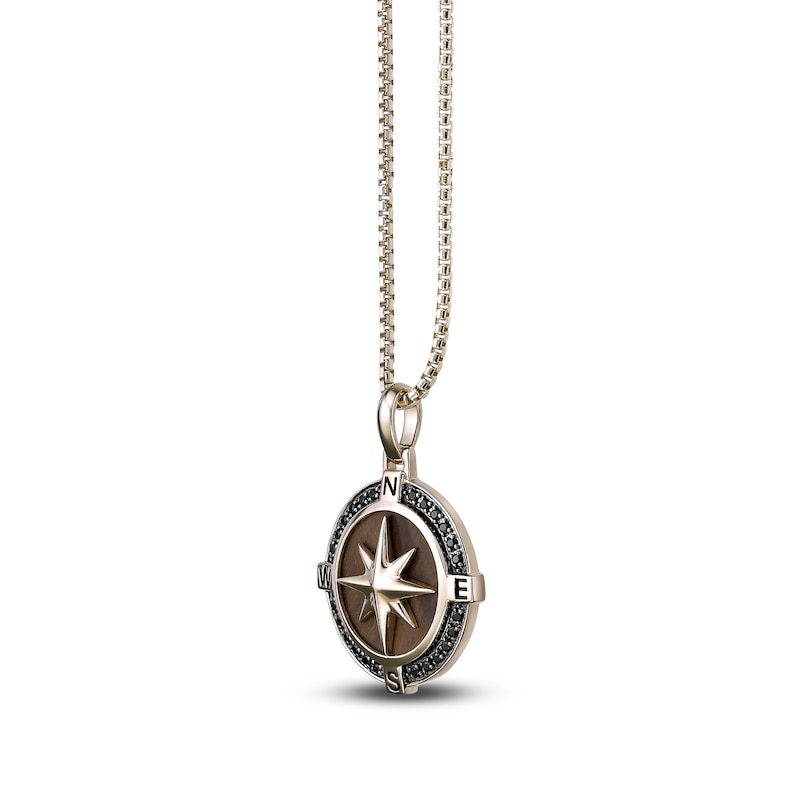 Main Image 2 of Men's Natural Tiger's Eye & Black Diamond Compass Necklace 1/3 ct tw 14K Yellow Gold-Plated Sterling Silver 24"