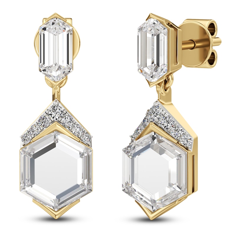 Main Image 2 of J'Lure Hexagon Portrait-Cut & Hexagon Baguette-Cut Lab-Grown Diamond Dangle Earrings 2-7/8 ct tw 14K Yellow Gold