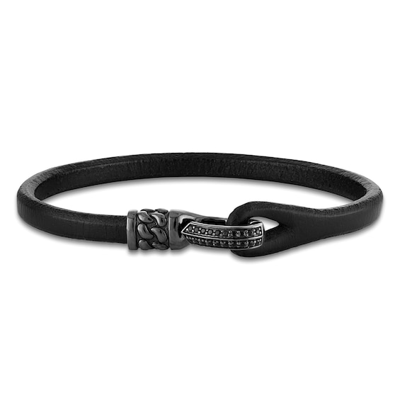 1933 by Esquire Men's Natural Black Spinel Leather Loop Bracelet Black Ion-Plated Sterling Silver 8.5"