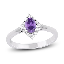 Oval-Cut Natural Amethyst & Diamond Frame Ring 1/10 ct tw 14K White Gold