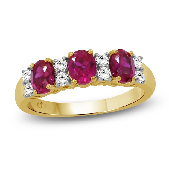 Oval-Cut Natural Ruby & Diamond Three-Stone Ring 1/4 ct tw 10K Yellow Gold