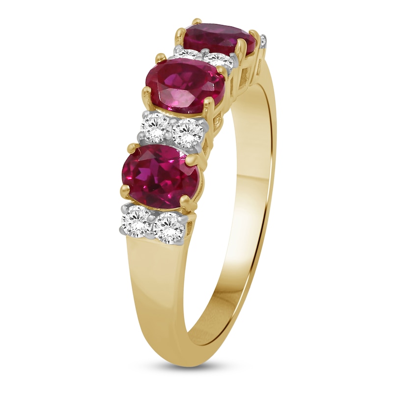 Main Image 2 of Oval-Cut Natural Ruby & Diamond Three-Stone Ring 1/4 ct tw 10K Yellow Gold