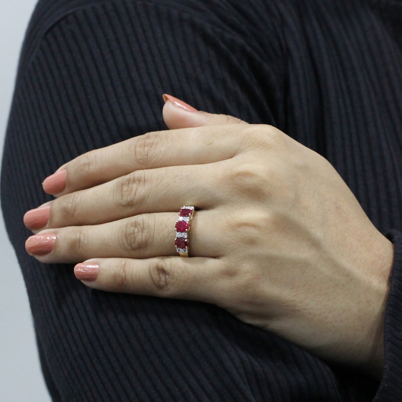 Main Image 3 of Oval-Cut Natural Ruby & Diamond Three-Stone Ring 1/4 ct tw 10K Yellow Gold